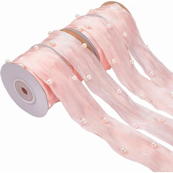 4.5M Polyester Ribbon with Plastic Imitation Pearl for DIY Veils Blushers Fascinators Stage Set Bowknot Making Pink 1-5/8 inch(40mm) DIY