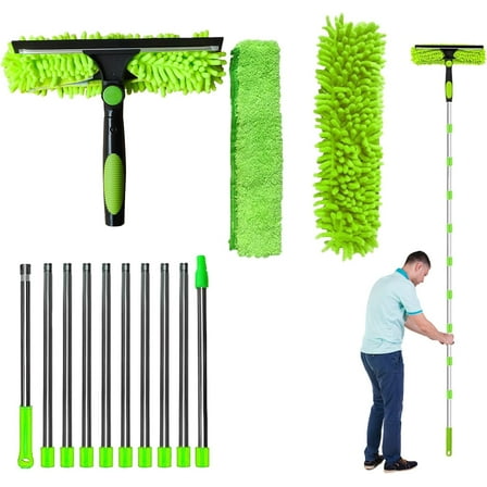4.5M Window Cleaning Kit, Extra Long 2-in-1 Extendable with Microfiber Cloth Squeegee Strips