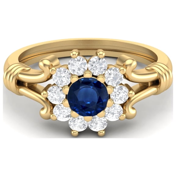 4.5MM Round Blue Sapphire 925 Sterling Silver Yellow Plated Cluster Women's Valentines Day Gifts Ring