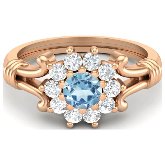 4.5MM Round Blue Topaz 925 Silver Rose Plated Cluster Women Valentines Day Gifts Ring