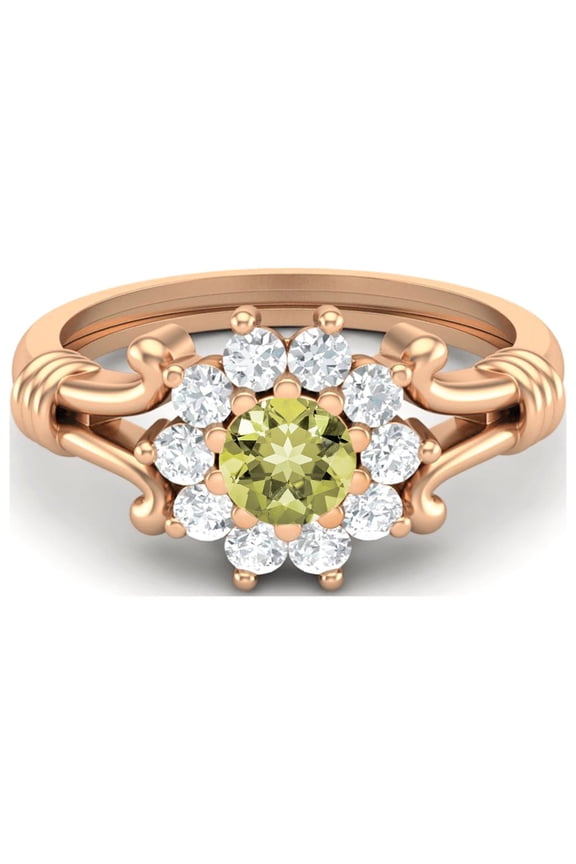 4.5MM Round Lemon Quartz 925 Silver Rose Plated Cluster Women Valentines Day Gifts Ring