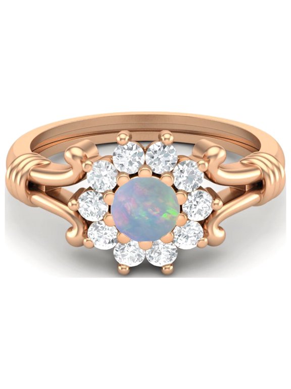 4.5MM Round Opal 925 Silver Rose Plated Cluster Women Valentines Day Gifts Ring