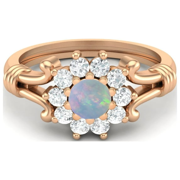 4.5MM Round Opal 925 Silver Rose Plated Cluster Women Valentines Day Gifts Ring