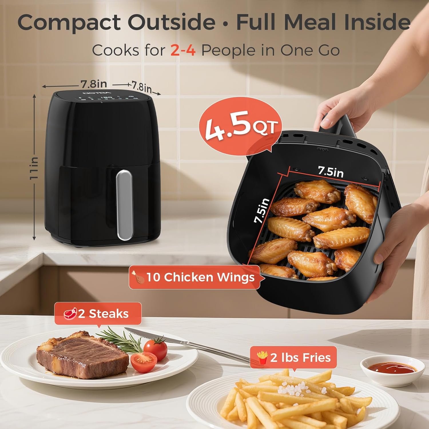 4.5QT Fryer with Tempered Glass LED Touch Screen, 6 Presets One-Touch Cooking