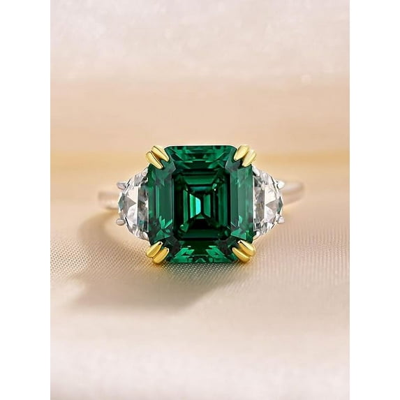 4.5ct Women's Two-Tone Emerald Engagement Ring,Asscher Cut Green Teal Sapphire Three Stone Promise Ring in 925 Sterling Silver