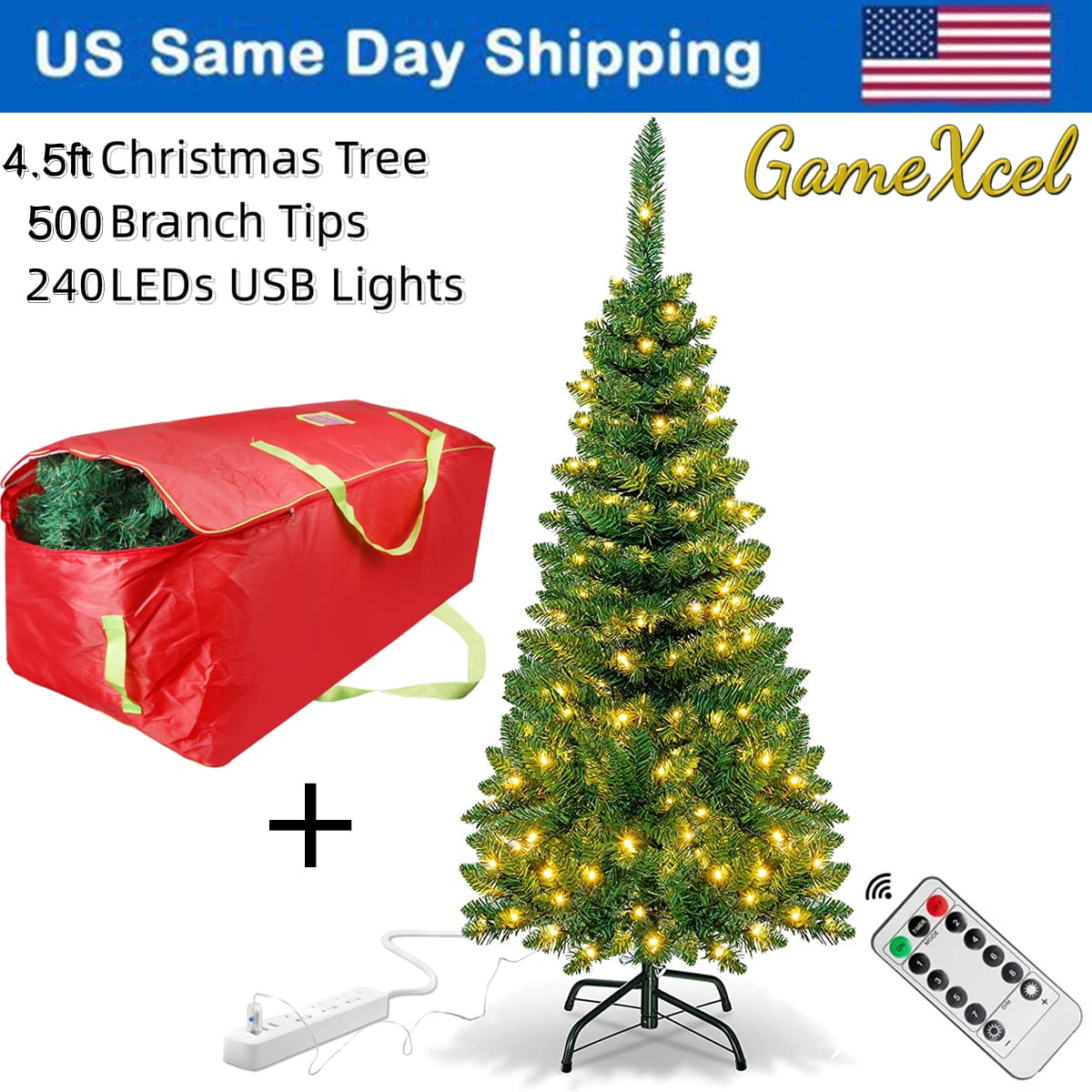4.5ft 350 Tips Christmas Artificial Tree With Remote Timer 240 LEDs USB