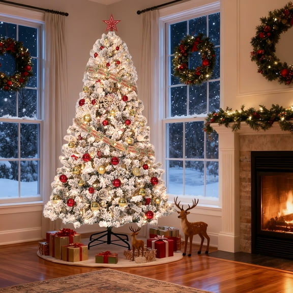 4.5ft/6ft/7.5ft/9ft Snow Flocked Pre-Lit Christmas Tree Artificial Christmas Tree with Branch Tips Warm White Lights Quick Assembly Stand Included Indoor Outdoor Holiday Decor