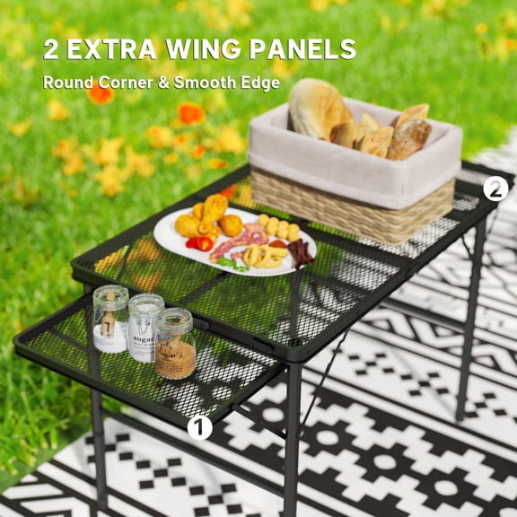 4.5ft Black Folding Camping Table Height Adjustable Metal Table with 2 Wing Panels