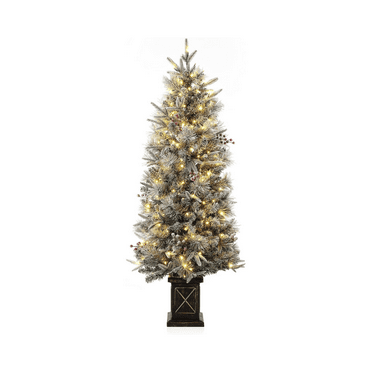 4.5ft Christmas Tree with 200 Warm White LED Lights, Pre-Lit Snow Flocked Christmas Tree with Potted Base, 8 Lighting Modes, Artificial Xmas Tree with Red Berries, for Home, Entrances