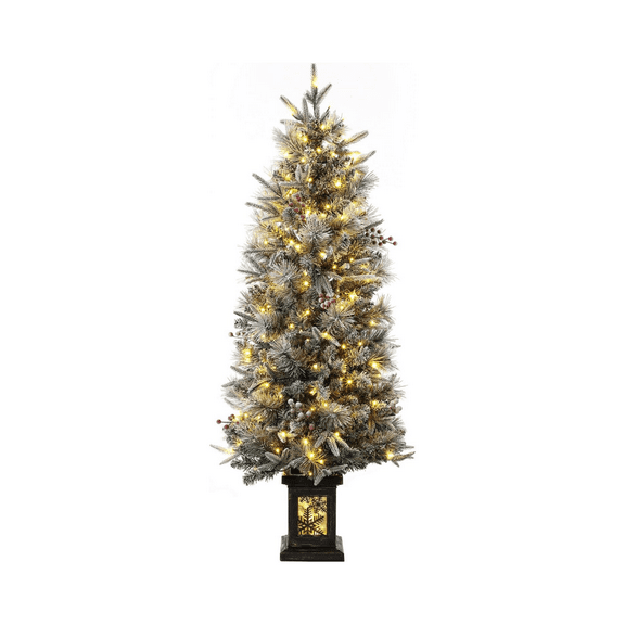 4.5ft Christmas Tree with 200 Warm White LED Lights, Pre-Lit Snow Flocked Christmas Tree with Potted Base, 8 Lighting Modes, Artificial Xmas Tree with Red Berries, for Home, Entrances