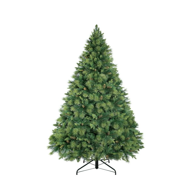 4.5ft Christmas Tree with Lights, Prelit with Pine Cones, Foot Pedal 561 Branch Tips, 300 Warm