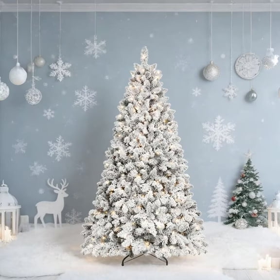 4.5ft Flocked Mixed PVC Christmas Tree - Pre-Decorated with 24 Pine Cones+warm white LED light