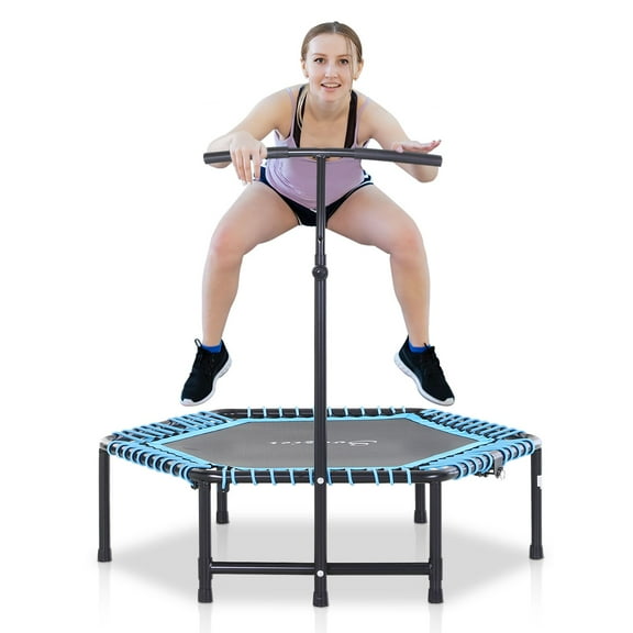 4.5ft Foldable Fitness Trampoline with Adjustable T-Bar, Heavy-Duty Portable Exercise Rebounder for Home Workouts, Blue