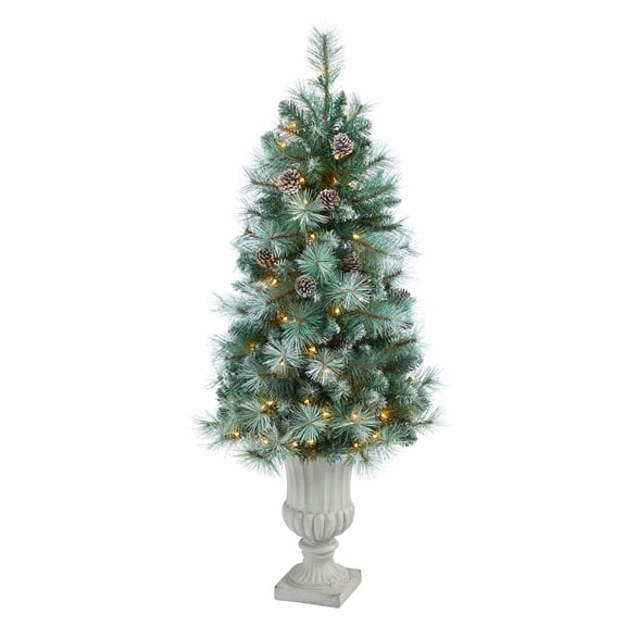 4.5ft. Frosted Tip British Columbia Mountain Pine Artificial Christmas Tree with 100 Clear Lights, Pine Cones and 228 Bendable Branches in Decorative Urn