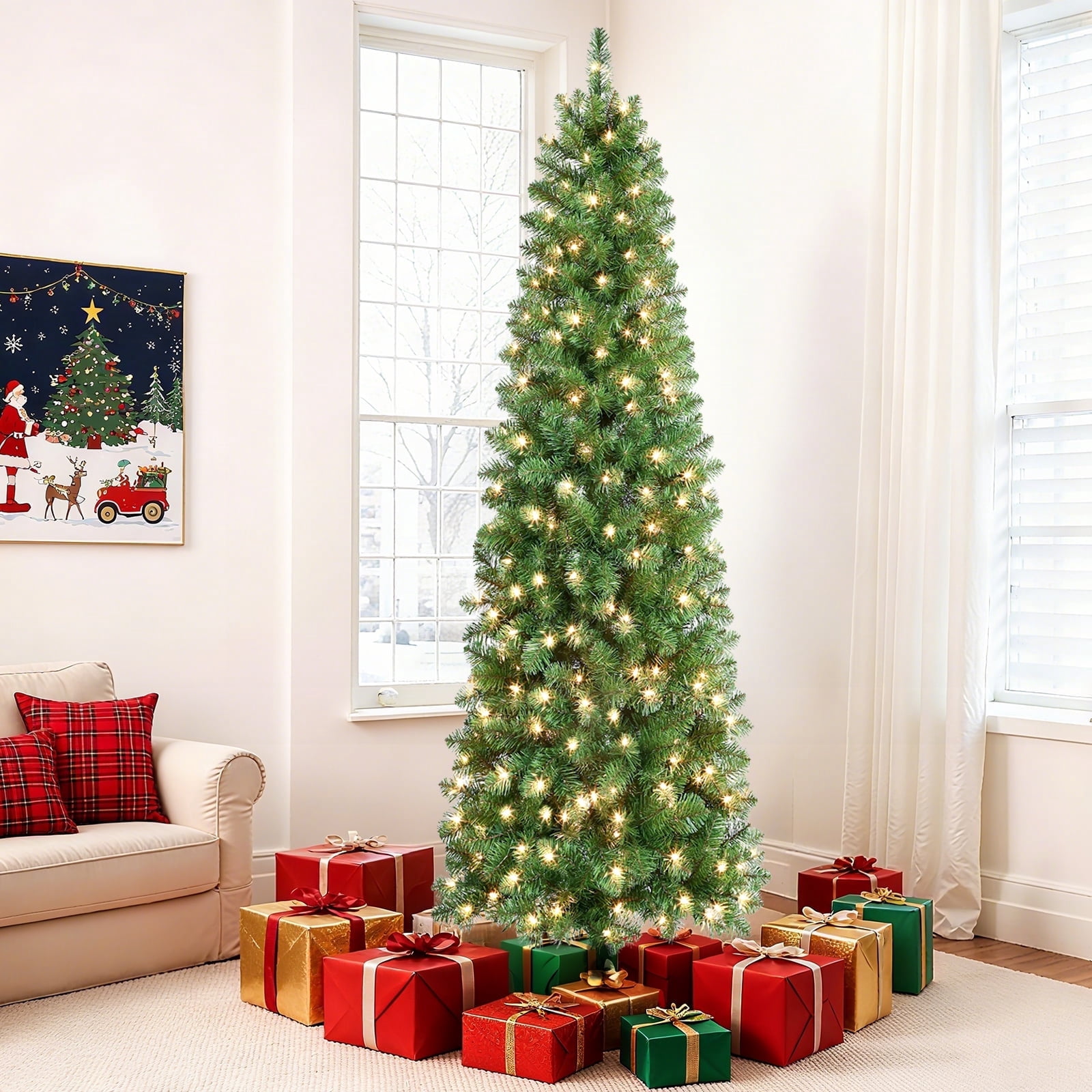 Lolsea 4.5ft Pre-Lit Artificial Christmas Tree, Hinged Slim Pencil Xmas Tree w/ Warm White Lights, Green