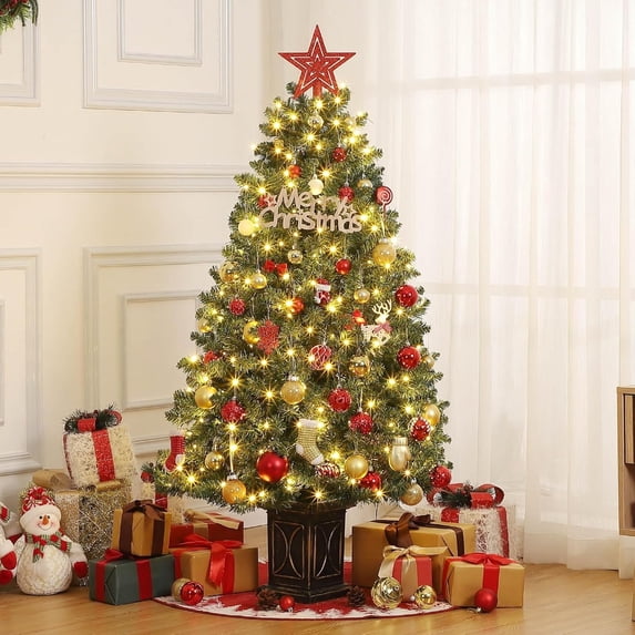 4.5ft Pre-Lit Artificial Christmas Tree with 300 Warm White Lights | 8 Lighting Modes, 460 Branch Tips, Hinged Branch-es & Metal Stand for Easy Setup