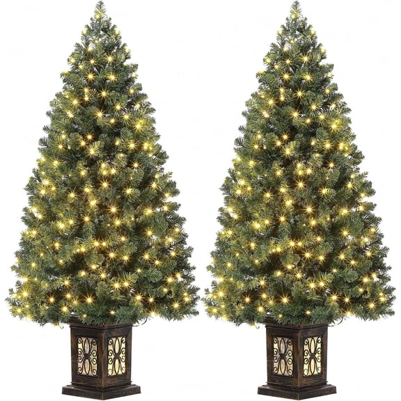 4.5ft Pre-Lit Christmas Tree For Entrances, Artificial Potted Xmas Tree With 300 LED Lights, Timer, 8 Lighting Modes, Antique Urn Base, Porch Indoor Holiday Christmas Decoration, 2pcs