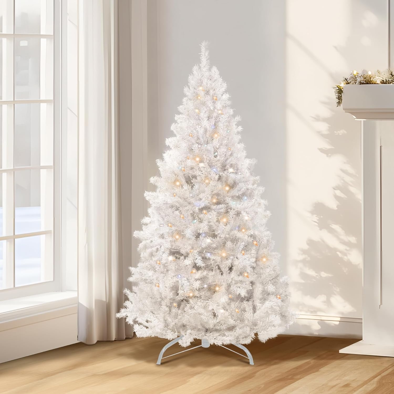 4.5ft PreLit Christmas Tree, White Artificial Full Spruce Christmas