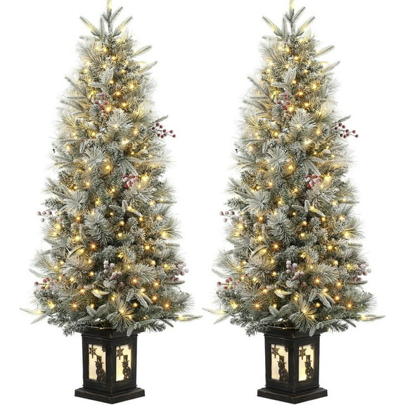 4.5ft Pre-Lit Snow Flocked Christmas Tree with 200 LED Lights, Artificial Potted Xmas Tree with 8 Lighting Modes, Faux Berries,Snowman Base, for Holiday Decor,2 Pack