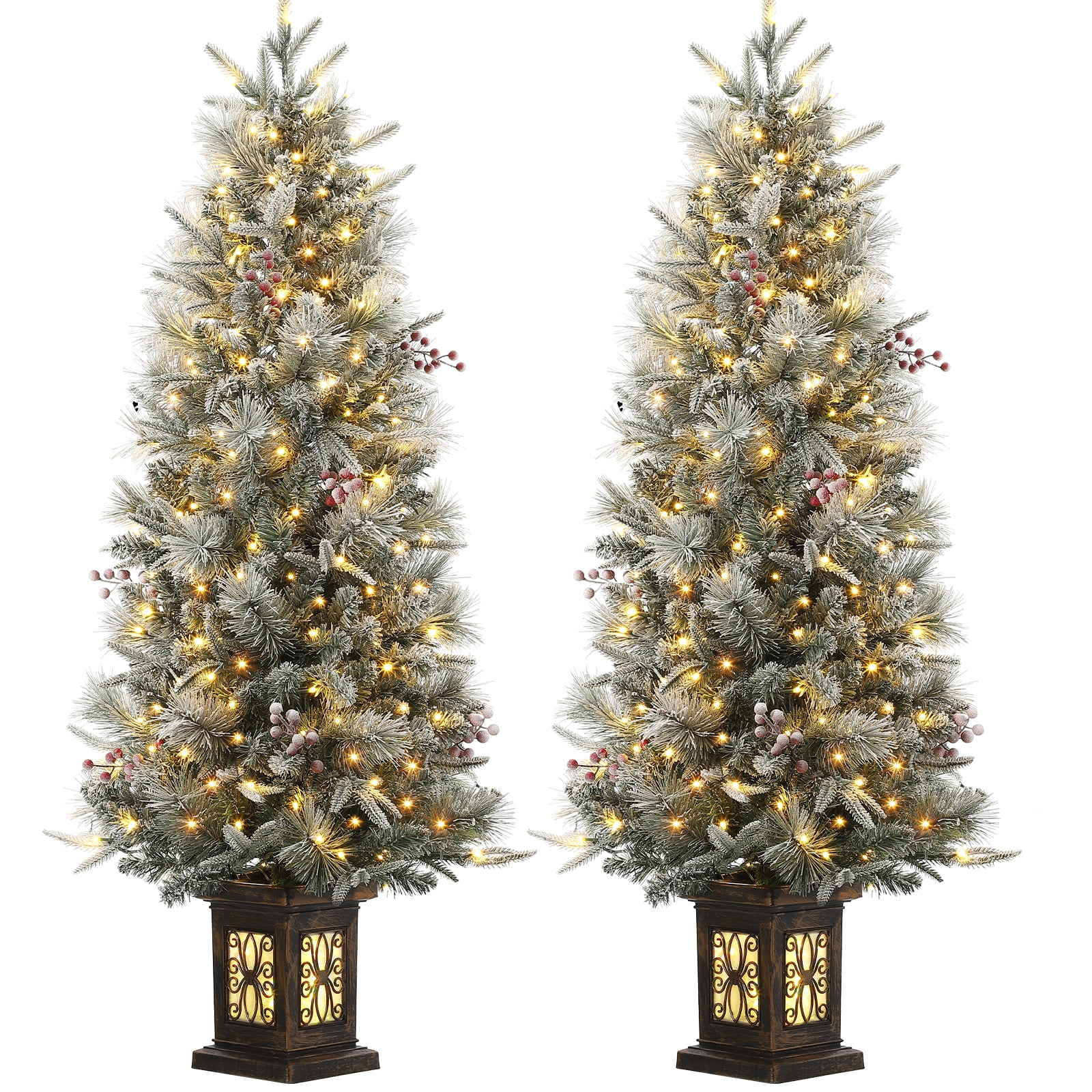 4.5ft Green Snow Flocked Potted Christmas Tree with LED Lights