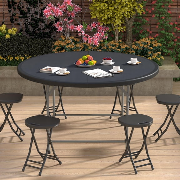4.5ft Round Folding Table with Carry Handle, Portable Heavy Duty Plastic Utility Table with Steel Legs for Party, Wedding, Camping, Indoor, Outdoor Event, 54 Inch, Black