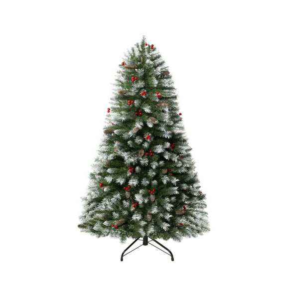 4.5ft Snow Flocked Christmas Tree with Lights, Christmas Tree with Pine Cones, Berries, Foot Pedal, 398 Branch Tips, 200 Warm Lights and Metal Stand by Homestock