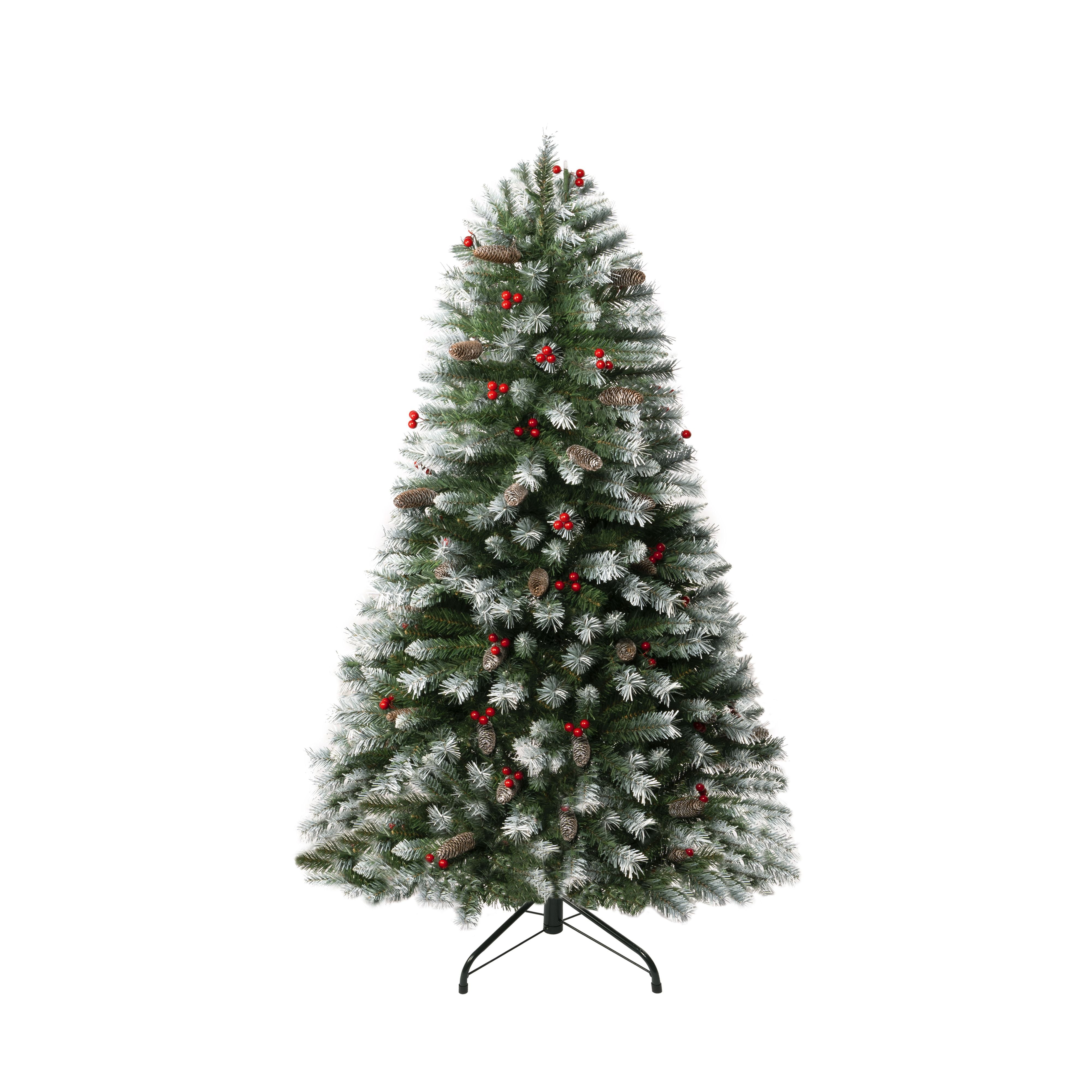 4.5ft Snow Flocked Christmas Tree with Lights, Christmas Tree with Pine Cones, Berries, Foot