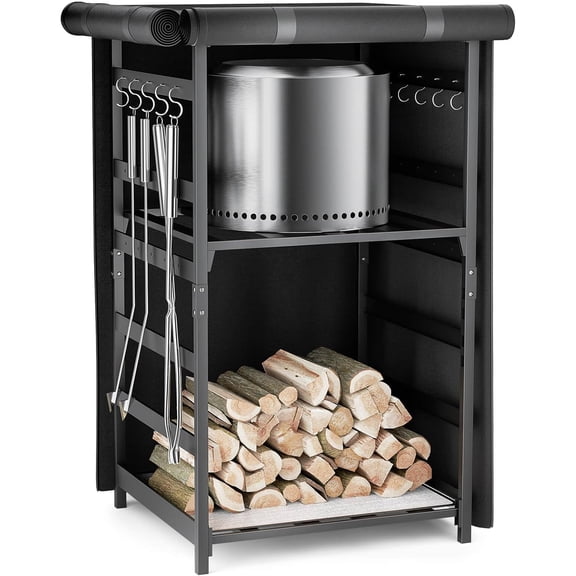 4.5ft Storage Station for Fire Pit Stove, Firewood Storage Cabinet with Waterproof Cover, Adjustable Firewood Rack for logs and Fire Pit Accessories