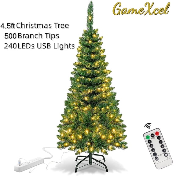 4.5ft USB Artificial Christmas Tree with 350 Branch Tips & 8 Lighting Modes, Remote Control Timer for Room Party Office Mall Decorations