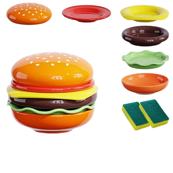 4.5in Platos En Forma De Hamburguesa, Cheeseburger Plate Set, Ceramic Hamburger Plates Bowls Set, 6-Piece Novelty Stackable Burger Dinnerware Set,