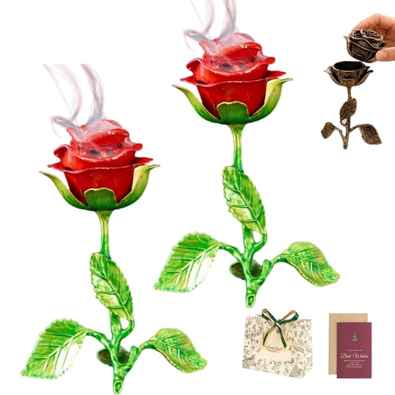 4.5in Vintage Rose Incense Burner,  Rose-Shaped Incense Cone Holder with Leaves, Decorative Antique Zinc Alloy Rose Censer for Gothic Room Decor & Meditation Lovers