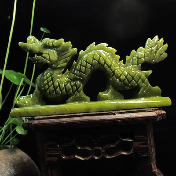 4.5inch, Exquisite Collection, Green Hetian Jade loong, Natural Green Jade dragon Sculpture Carving, Crystal beast Statue, feng shui wealthy