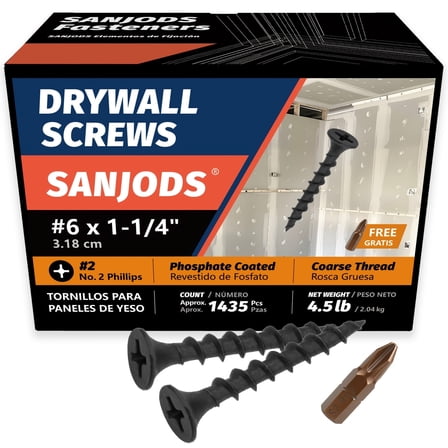 4.5lb #6 Drywall Screws, #2 Phillips Bugle Head, Coarse Thread Sharp Point, Black, Wood Screws