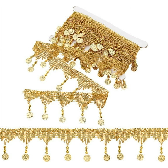 4.5m Sparkle Polyester Tassel Lace Trims Paillette Fringe Lace Trimming with Iron Beads Flat Round Goldenrod 1-1/2 inch(37.5mm) about 4.92 Yards(4.5m)/Set