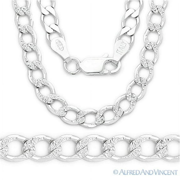 4.5mm Cuban / Curb D-Cut Pave Link Italian Chain Necklace in .925 Sterling Silver