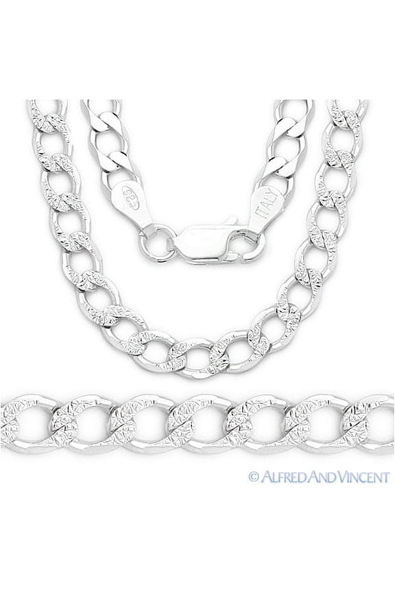 4.5mm Cuban / Curb D-Cut Pave Link Italian Chain Necklace in .925 Sterling Silver