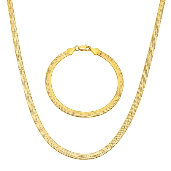 4.5mm Polished 14k Gold Plated Herringbone Chain + Bracelet Set, 20" (Necklace) + 8" (Bracelet)