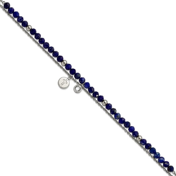 4.5mm Stainless Steel Polished 2-strand Lapis And Crystal Religious Faith Cross Anklet Plus 2 Inch Extension 9 Inch Ankl