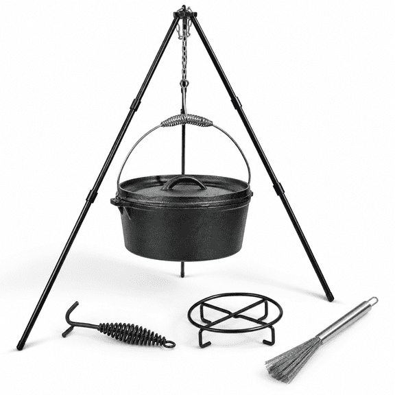 4.5qt Cast Iron Camping Dutch Oven with Lid and Stainless Steel Lifter Handle Tripod Cookware
