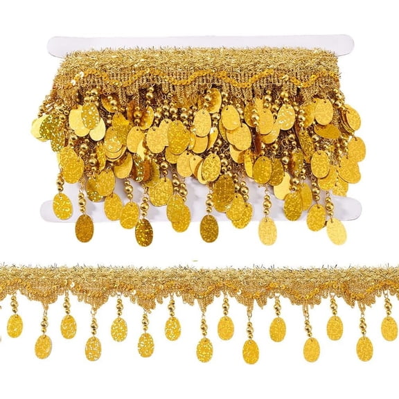 4.6~5 Yards Golden Fringe Trim 3-3/8 inch Filigree Lace Ribbon with Oval Bead Tassel Sewing Edging Trim Fabric Decorative Trim for Curtain Lampshade Costume Craft Home Decor