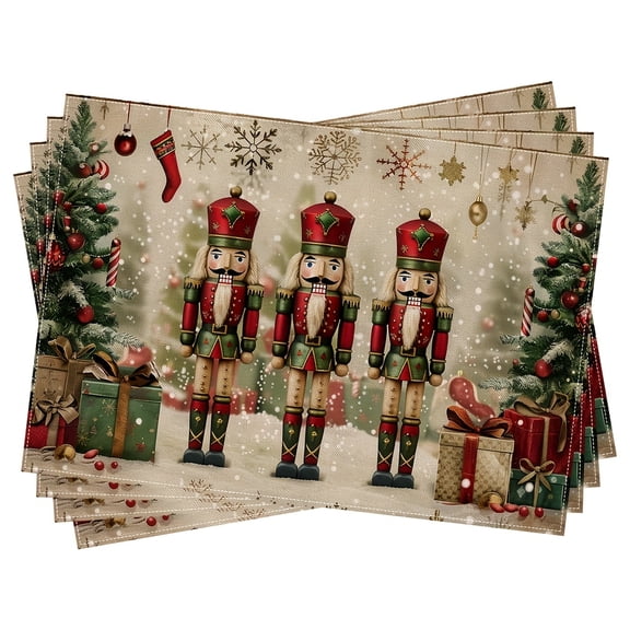 4/6/8 Pack Vintage Christmas Nutcracker Placemats, Retro Winter Table Mats with Christmas Tree Gift Box Snowflake Prints, Holiday Decor for Dining Table Christmas Party Family Dinner Restaurant Hotel
