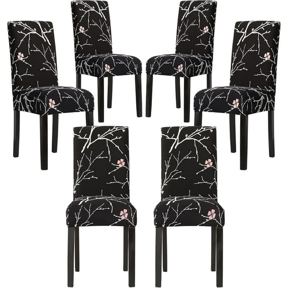 4,6,8 Pc Elastic Dining Chair Covers, Spandex Dining Room Chair Covers Set of 6, 6Pc Wrinkle Resistant Parson Chair Slipcovers, Chair Covers for Dining Room Set of 4,6,8, Black Flower