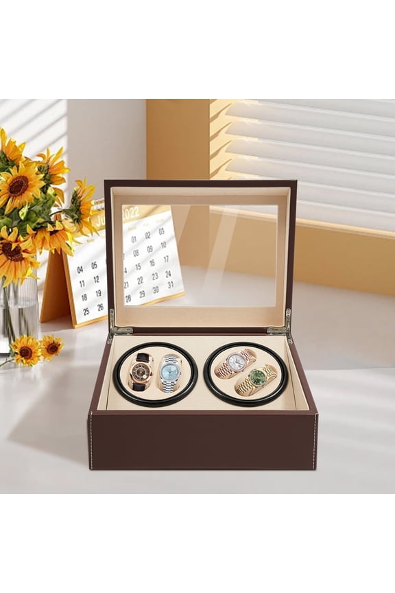 4+6 Automatic Rotation Leather Watch Winder, Brown Storage Box Display Case, Low Noise, Table Standing