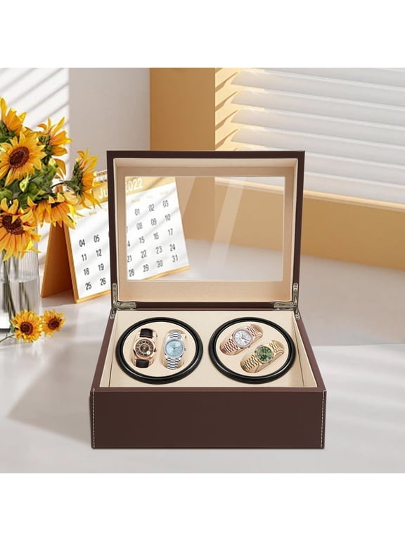 4+6 Automatic Rotation Leather Watch Winder, Brown Storage Box Display Case, Low Noise, Table Standing