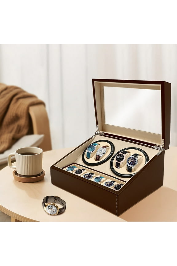 4+6 Automatic Rotation Leather Wood Watch Winder Storage Box Display Case