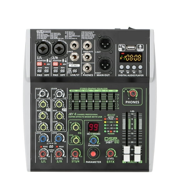 4/6 Channels Individual 48V Phantom Power E 99 DSP Effects USB Computer Play Record Podcast Audio Mixer ,Easy to Use
