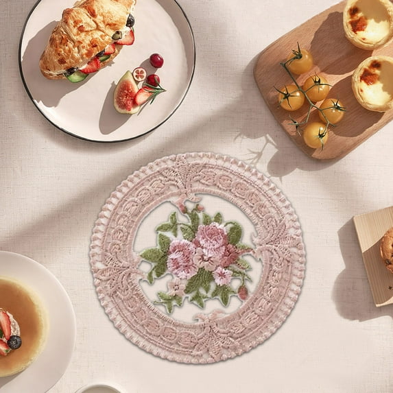 4.6" Embroidered Fabric Coasters, Cloth Coasters for Ceramic Cup, Vintage Lace Embroidery Coasters for Tea, Soft Floral Doilies for Home, Wedding, Tabletop Photography Decoration (Beige)