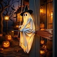 thumbnail image 1 of 4.6 FT Halloween Hanging Swing Ghost Decor, Light Up Flying Ghost on Broomstick with Witch Hat, Spooky Cute Halloween Outdoor Decorations for Tree Porch Lawn Yard & Party, 1 of 5