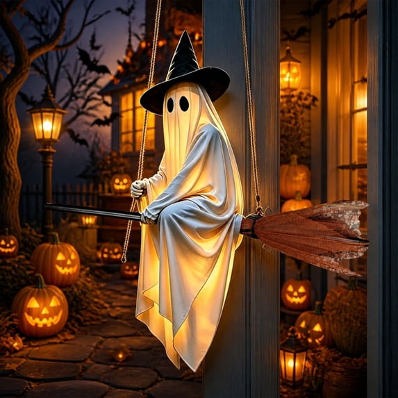 4.6 FT Halloween Hanging Swing Ghost Decor, Light Up Flying Ghost on Broomstick with Witch Hat, Spooky Cute Halloween Outdoor Decorations for Tree Porch Lawn Yard & Party