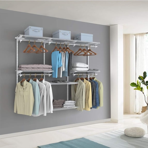 4 to 6 FT Mounted Closet Systems, Height Adjustable Custom Clothes Closet Kit with 3 Hanging Rod & 6 Storage Shelves, Wall-Mounted Clothes Closet Organizer for Bedroom Apartment, White